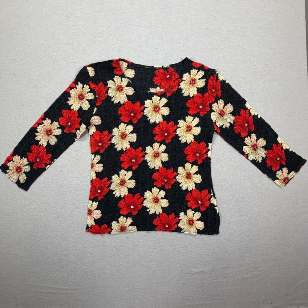 Magic Scarf Women Top Slim Black Red Floral Popcorn Crinkle Stretch OS